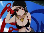  1girl adapted_costume armlet asymmetrical_wings bikini black_bikini black_hair blush bow breasts cleavage closed_mouth collarbone commentary_request fingernails houjuu_nue large_breasts leaning_forward letterboxed looking_at_viewer nail_polish navel o-ring_bikini otama11 pointy_ears red_bow red_eyes red_nails sharp_fingernails smile snake solo swimsuit tattoo touhou upper_body wings 