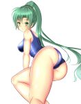  1girl arm_support ass blush eyebrows eyebrows_visible_through_hair fire_emblem fire_emblem:_rekka_no_ken green_eyes green_hair high_ponytail long_hair lyndis_(fire_emblem) noeomi ponytail school_swimsuit simple_background solo swimsuit very_long_hair white_background 