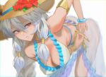  1girl armlet ass bangle bangs bare_shoulders bent_over blurry bracelet bracer braid breasts brown_eyes chain chromatic_aberration cleavage collarbone covered_nipples depth_of_field erun_(granblue_fantasy) granblue_fantasy hair_between_eyes hair_tubes hanging_breasts hat heles jewelry long_hair looking_back medium_breasts sarong see-through simple_background single_braid solo sun_hat swimsuit tsurime tying tyoro_(tyoromatsu59) white_background white_hair white_swimsuit 