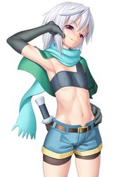  1girl aerial_rave aqua_scarf arm_up belt bike_shorts bike_shorts_under_shorts black_gloves breasts chris_(konosuba) earrings elbow_gloves gloves jewelry knife kono_subarashii_sekai_ni_shukufuku_wo! looking_at_viewer navel scar scar_on_cheek scarf sheath sheathed short_hair shorts silver_hair simple_background small_breasts solo toned violet_eyes white_background 