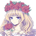  1girl bare_shoulders blonde_hair blue_eyes collarbone die_ying drill_hair eyebrows eyebrows_visible_through_hair eyelashes face flower holding holding_flower long_hair nail_polish original pink_nails rose smile solo upper_body wreath 