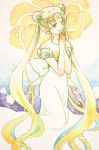 1girl beads bishoujo_senshi_sailor_moon blonde_hair blue_eyes crescent diadia double_bun dress earrings facial_mark flower forehead_mark hands_together jewelry kneeling princess_serenity ribbon smile solo strapless strapless_dress traditional_media tsukino_usagi twintails watercolor_(medium) white_dress 