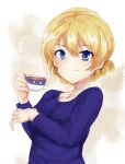  1girl bangs blonde_hair blue_eyes blue_shirt braid closed_mouth collarbone cup darjeeling eyebrows eyebrows_visible_through_hair french_braid girls_und_panzer hair_between_eyes heart long_sleeves looking_at_viewer shirt simple_background smile solo souten_(bluesky145) tea teacup upper_body white_background 