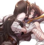  1boy 1girl aki663 arm_grab assertive ayer bandage_on_face bandaged_arm bandages bare_shoulders black_hair blush brother_and_sister closed_eyes ear_blush girl_on_top gloves goggles goggles_on_head granblue_fantasy hidden_face hood incest jessica_(granblue_fantasy) long_hair lying on_back shadow shirt short_hair siblings simple_background sweat violet_eyes white_background white_gloves white_shirt 