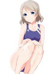  1girl blue_eyes breasts brown_hair competition_swimsuit grin love_live! love_live!_sunshine!! one-piece_swimsuit school_uniform short_hair smile solo squatting swimsuit watanabe_you 