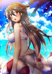  1girl arm_behind_back arms_at_sides ass bikini black_hair breasts clenched_hand from_behind hair_between_eyes hairband halter_top halterneck haruna_(kantai_collection) innertube kantai_collection large_breasts long_hair midriff ocean open_mouth sarong suou_sakura swimsuit thighs tree under_tree water white_bikini yellow_eyes 