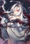  1girl bare_shoulders blood drag-on_dragoon drag-on_dragoon_3 flower_eyepatch gauntlets highres long_hair looking_at_viewer snow_is_ solo violet_eyes white_hair zero_(drag-on_dragoon) 