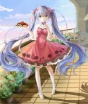  1girl :o ahoge blue_eyes blue_hair blueberry blush chair clouds dress eyebrows eyebrows_visible_through_hair flower food fruit full_body hair_flower hair_ornament hatsune_miku head_tilt highres kneehighs long_hair looking_at_viewer outdoors petticoat pigeon-toed plant plate potted_plant railing red_dress revision shoes silhouette sky solo standing strawberry table twintails very_long_hair vocaloid white_shoes yue_yue 