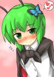  1girl antennae black_cape blush butterfly_on_head cape closed_mouth commentary_request dress_shirt flying_sweatdrops gaoo_(frpjx283) green_eyes green_hair heart highres looking_at_viewer nose_blush shirt short_hair smile solo spoken_heart touhou upper_body white_shirt wriggle_nightbug 