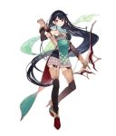  1girl armor arrow atelier_(series) atelier_firis black_hair boots bow_(weapon) feathers full_body gloves long_hair official_art quiver red_eyes riane_mistroot scarf simple_background solo takekono very_long_hair weapon white_background 
