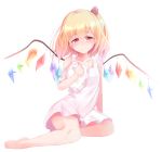  1girl absurdres alternate_costume barefoot blonde_hair blush bow closed_mouth crystal flandre_scarlet hair_bow highres red_eyes septet_(zrca_janne) side_ponytail sitting solo touhou wings yokozuwari 
