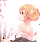  1girl alternate_hairstyle bare_shoulders blonde_hair cherry_blossoms closed_mouth earrings flower hair_flower hair_ornament japanese_clothes jewelry junko_(touhou) kimono nape off_shoulder red_eyes septet_(zrca_janne) solo touhou 