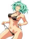  1girl armpits bikini black_bikini blush breasts cleavage collarbone cowboy_shot green_eyes green_hair ikkitousen looking_at_viewer medium_breasts navel open_mouth pulled_by_self ryofu_housen short_hair solo stomach strap_pull swimsuit twintails under_boob untied untied_bikini white_background yoshimo_(yoshimo) 