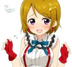  1girl artist_name bare_shoulders blush bokura_wa_ima_no_naka_de brown_hair commentary_request dated earrings face fingerless_gloves flying_sweatdrops gloves hair_ornament hairclip jewelry koizumi_hanayo love_live! love_live!_school_idol_project open_mouth ragho_no_erika red_gloves short_hair signature smile solo star star_hair_ornament upper_body violet_eyes 
