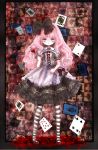  1girl ace_of_spades alice_(wonderland) alice_in_wonderland bangs black_bow blue_eyes blunt_bangs bow card center_frills commentary_request cross-laced_clothes curly_hair flower frills full_body gothic_lolita hair_bow heart highres himemurasaki holding_wand joker king_of_diamonds lolita_fashion long_hair looking_at_viewer mary_janes original pantyhose pink_hair playing_card pool_of_blood puffy_short_sleeves puffy_sleeves red_bow red_rose red_shoes ribbon_trim rose shoes short_sleeves solo standing striped striped_legwear wand 