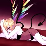  1girl blonde_hair blush demon_tail english fang flandre_scarlet highres laevatein lingerie looking_at_viewer lying miata_(miata8674) negligee on_side one_eye_covered panties pointy_ears red_eyes slit_pupils solo tail touhou underwear vampire 