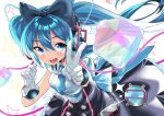  1girl :d absurdres blue_eyes blue_hair breasts fang gloves hatsune_miku headphones highres kikimi long_hair looking_at_viewer magical_mirai_(vocaloid) necktie open_mouth smile solo twintails v very_long_hair vocaloid white_gloves 