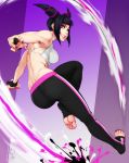  1girl alternate_costume ass back barefoot commentary drill_hair feet feguimel halter_top halterneck han_juri highres looking_at_viewer looking_back nail_polish smile soles solo street_fighter street_fighter_v toeless_legwear toenail_polish toes twin_drills violet_eyes 