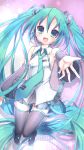  1girl aqua_eyes aqua_hair boots detached_sleeves hatsune_miku headset highres long_hair looking_at_viewer necktie open_mouth outstretched_arm ro_(igris-geo) skirt solo thigh-highs thigh_boots twintails very_long_hair vocaloid 