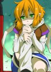  1girl arm_warmers blonde_hair blue_skirt breasts chin_rest closed_mouth commentary_request eichi_yuu green_eyes knee_up leg_warmers looking_at_viewer medium_breasts mizuhashi_parsee pointy_ears scarf shaded_face short_hair short_sleeves skirt solo touhou white_scarf 