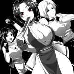  3girls absurdres bare_shoulders black_background blue_eyes breasts brown_eyes cleavage fan fatal_fury greyscale highres king_(snk) large_breasts monochrome multiple_girls okyou red_eyes shiranui_mai simple_background smile spot_color the_king_of_fighters yuri_sakazaki 