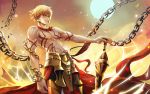  1boy abs bare_chest blonde_hair chain earrings fate_(series) full_moon gilgamesh holding holding_weapon jewelry looking_at_viewer male_focus moon muscle red_eyes shirtless short_hair solo sword tattoo weapon 