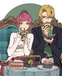  1boy 1girl bangs blonde_hair book cake caro_bambino cellphone couch crossed_legs cup cupcake disposable_cup drink drinking drinking_straw drinking_straw_in_mouth earrings food fruit green_eyes hair_bun highres holding holding_book holding_cup holding_drink jacket jewelry jojo_no_kimyou_na_bouken lipstick long_sleeves looking_at_another looking_down makeup nail_polish pannacotta_fugo parted_bangs phone phone_stand pink_hair plate pleated_skirt selfie sitting skirt smartphone strawberry strawberry_shortcake sweater table tablecloth trish_una turtleneck turtleneck_sweater v vento_aureo violet_eyes 