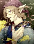  1boy blue_eyes brown_hair character_name clouds earrings jewelry kiseru kusuriuri_(mononoke) lipstick looking_at_viewer makeup male_focus mononoke nail_polish pale_skin parted_lips pipe pointy_ears ponytail purple_nails smoke smoking solo upper_body uraki_(tetsu420) 