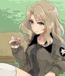  1girl black_shirt blonde_hair blue_eyes bomber_jacket breasts brown_jacket chair crossed_legs cup emblem girls_und_panzer grass hair_intakes highres holding jacket kay_(girls_und_panzer) long_hair long_sleeves looking_at_viewer military military_uniform monsieur open_clothes open_jacket shirt sitting solo table tea teacup thigh-highs uniform white_legwear wooden_chair wooden_table 