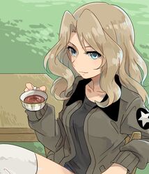  1girl black_shirt blonde_hair blue_eyes bomber_jacket breasts brown_jacket chair crossed_legs cup emblem girls_und_panzer grass hair_intakes highres holding jacket kay_(girls_und_panzer) long_hair long_sleeves looking_at_viewer military military_uniform monsieur open_clothes open_jacket shirt sitting solo table tea teacup thigh-highs uniform white_legwear wooden_chair wooden_table 