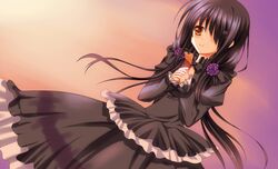  1girl ame_wa_a_ga_tsutano? black_bow black_dress black_hair bow bowtie date_a_live dress flower gothic_lolita hair_flower hair_ornament hair_over_one_eye hands_together highres holding interlocked_fingers lolita_fashion long_hair purple_flower solo tokisaki_kurumi yellow_eyes 