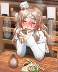  1girl :d alcohol blurry blush brown_eyes brown_hair choko_(cup) chopsticks cup depth_of_field didloaded drunk eyebrows eyebrows_visible_through_hair food hat kantai_collection long_hair looking_at_viewer open_mouth plate pola_(kantai_collection) pov pov_across_table pov_dating restaurant sake smile solo soy_sauce tokkuri translated twitter_username 