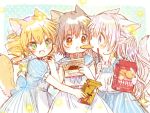  3girls :d :o animal_ears apron bangs blonde_hair blue_eyes bow brown_eyes brown_hair child collar dress drill_hair food green_eyes hair_bow half_updo hatihamu holding holding_box holding_food jewelry long_hair looking_at_another mouth_hold multiple_girls muted_color necklace open_mouth original puffy_short_sleeves puffy_sleeves sash short_hair short_sleeves silver_hair smile star striped striped_bow sweets tail twin_drills wafer 