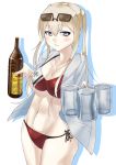  1girl adapted_costume arai_kogane bangs beer_bottle beer_mug bikini blonde_hair blush bottle breasts cleavage collarbone cowboy_shot cup eyebrows eyebrows_visible_through_hair german graf_zeppelin_(kantai_collection) groin hair_between_eyes highres holding hood hood_down hoodie iron_cross kantai_collection large_breasts long_hair mug navel open_clothes open_hoodie pale_skin side-tie_bikini sidelocks silhouette simple_background smile solo sunglasses sunglasses_on_head swimsuit tsurime twintails violet_eyes white_background 