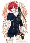  1boy armor artist_request black_gloves gloves green_eyes holster japanese_armor male_focus military military_uniform necktie official_art open_mouth redhead shinano_toushirou shorts smile sode sword tantou thigh_holster touken_ranbu uniform weapon 