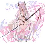  1girl bikini breasts commentary_request doraf granblue_fantasy hair_over_one_eye highres horns katana kento1102 lavender_hair long_hair medium_breasts mouth_hold narumeia_(granblue_fantasy) ootachi pointy_ears ribbon_in_mouth sitting solo swimsuit sword weapon 