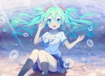  1girl 2016 aqua_eyes aqua_hair artist_request black_legwear bubble dated hair_ribbon hatsune_miku jewelry kneehighs long_hair looking_at_viewer necklace ribbon short_sleeves sitting skirt solo submerged twintails underwater v vocaloid 