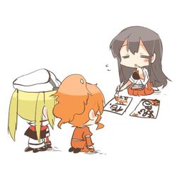  3girls akagi_(kantai_collection) aquila_(kantai_collection) black_hair blonde_hair calligraphy calligraphy_brush chibi closed_eyes graf_zeppelin_(kantai_collection) hat high_ponytail kantai_collection lowres multiple_girls orange_hair paintbrush pantyhose rebecca_(keinelove) seiza sitting 