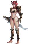  1girl armor barbarian barefoot bikini_armor bikini_bottom blue_eyes chainmail gauntlets hengct horns original redhead shin_guards shoulder_pads sword warrior weapon 