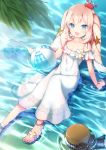  1girl ameshizuku_natsuki animal animal_on_head arm_support bare_shoulders blonde_hair blue_eyes breasts clenched_hand crab dress fate/grand_order fate_(series) frills long_hair looking_at_viewer marie_antoinette_(fate/grand_order) open_mouth partially_submerged sandals sitting small_breasts solo sundress twintails water wet wet_clothes white_dress 