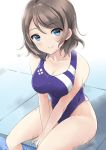  1girl blue_eyes competition_swimsuit grey_hair kaetzchen love_live! love_live!_sunshine!! one-piece_swimsuit poolside short_hair sitting smile swimsuit watanabe_you 