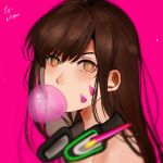  1girl bangs bare_shoulders bjmaki brown_eyes brown_hair bubble_blowing bubblegum d.va_(overwatch) eyebrows eyebrows_visible_through_hair face facepaint facial_mark gum headphones headphones_around_neck long_hair looking_at_viewer overwatch pink_background simple_background solo whisker_markings 