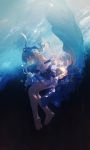  1girl artist_name barefoot blue_hair detached_sleeves earrings floating_hair hatsune_miku highres jewelry knees_together_feet_apart long_hair mivit pleated_skirt profile skirt solo star star_earrings submerged text twintails underwater vocaloid 