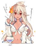  1girl :d ahoge bangs bare_shoulders bikini blonde_hair blush breasts cleavage dark_skin flower food front-tie_bikini front-tie_top granblue_fantasy hair_between_eyes hair_flower hair_ornament hibiscus holding ice_cream long_hair long_sleeves looking_at_viewer medium_breasts navel open_clothes open_mouth open_shirt red_eyes shirt simple_background smile solo spoon swimsuit text the_order_grande tori_(yestorius) translation_request upper_body white_background white_bikini white_shirt 
