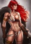  1girl abs anklet armlet armor bikini_armor breasts cleavage dagger dandon_fuga fur_cape gloves jewelry looking_to_the_side muscle muscular_female navel red_sonja red_sonja_(comics) redhead solo stomach sword toned weapon 