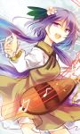  1girl :d biwa_lute brown_dress commentary_request cowboy_shot dress flower hair_flower hair_ornament instrument kutsuki_kai leaf long_hair long_sleeves looking_at_viewer low_twintails lute_(instrument) musical_note open_mouth purple_hair smile solo touhou tsukumo_benben twintails violet_eyes 