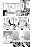  6+girls alternate_costume anchovy beret blush colosseum comic girls_und_panzer greyscale hat military military_uniform monochrome multiple_girls nekotoufu one_leg_raised outstretched_arms partially_translated pepperoni_(girls_und_panzer) pushing smile spotlight stage standing standing_on_one_leg translation_request uniform wavy_mouth 
