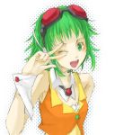  1girl goggles green_eyes green_hair gumi looking_at_viewer nezuki one_eye_closed open_mouth red_goggles short_hair smile solo vocaloid white_background 