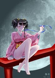  1girl absurdres bare_legs barefoot expressionless highres japanese_clothes kimono koutetsujou_no_kabaneri moon mumei_(kabaneri) neck_ribbon ribbon short_kimono sitting twintails 