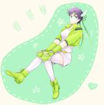  1girl :o boots caesar_anthonio_zeppeli_(cosplay) collarbone fingerless_gloves full_body genderswap genderswap_(mtf) gloves green_boots green_eyes headband heart highres jacket jojo_no_kimyou_na_bouken joseph_joestar_(young) knee_pads micken pouty_lips purple_hair short_shorts shorts solo star thigh-highs winged_hair_ornament 